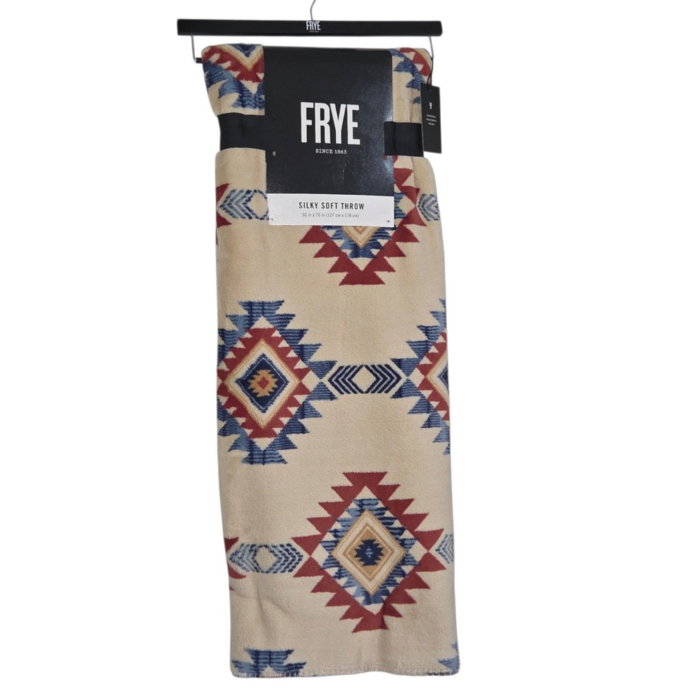 Frye Southwestern Boho Aztec Plush Throw Blanket Beige Red Blue Warm Cozy 50x70